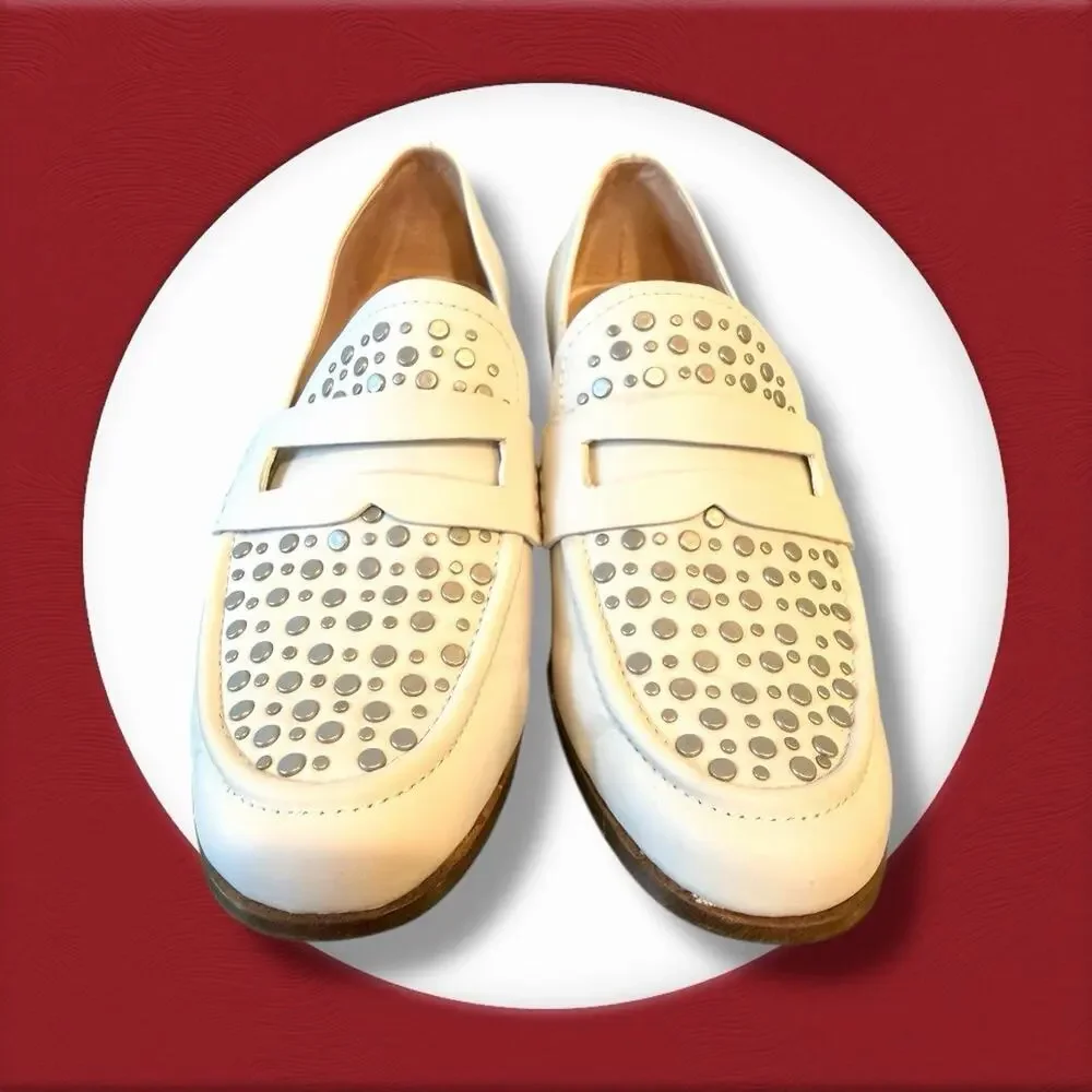 Pour La Victoire Lavis Eggshell Leather Studded Loafers Size 7.5